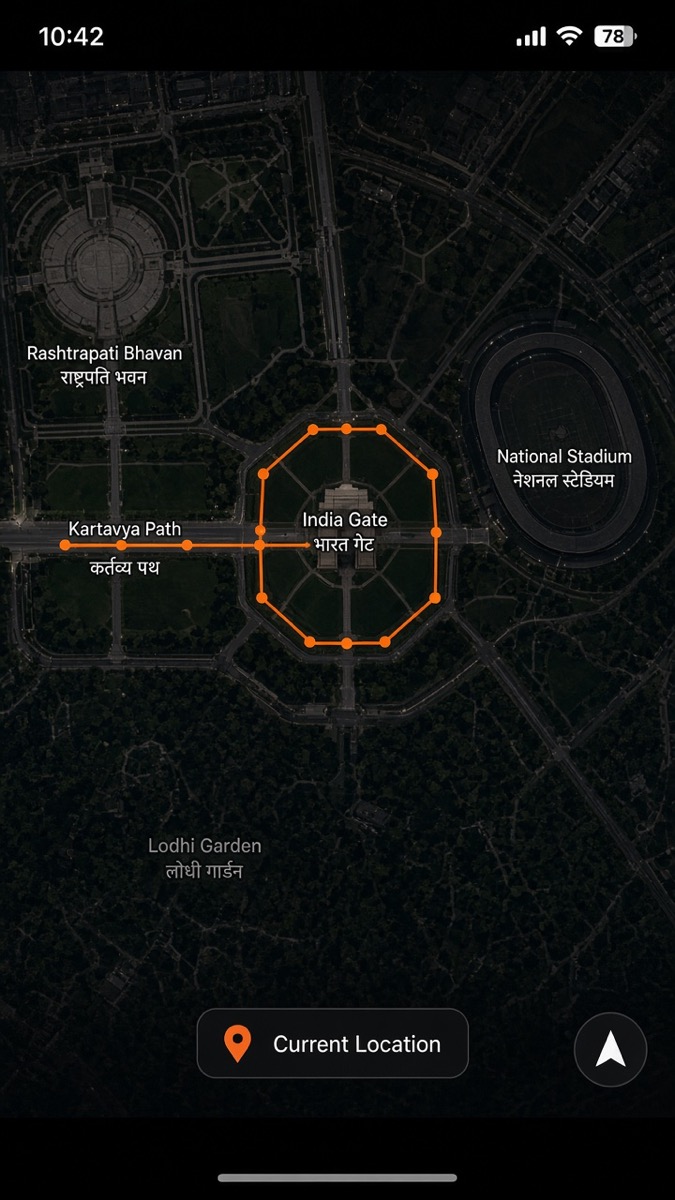 map of a gps run around india gate in new delhi
